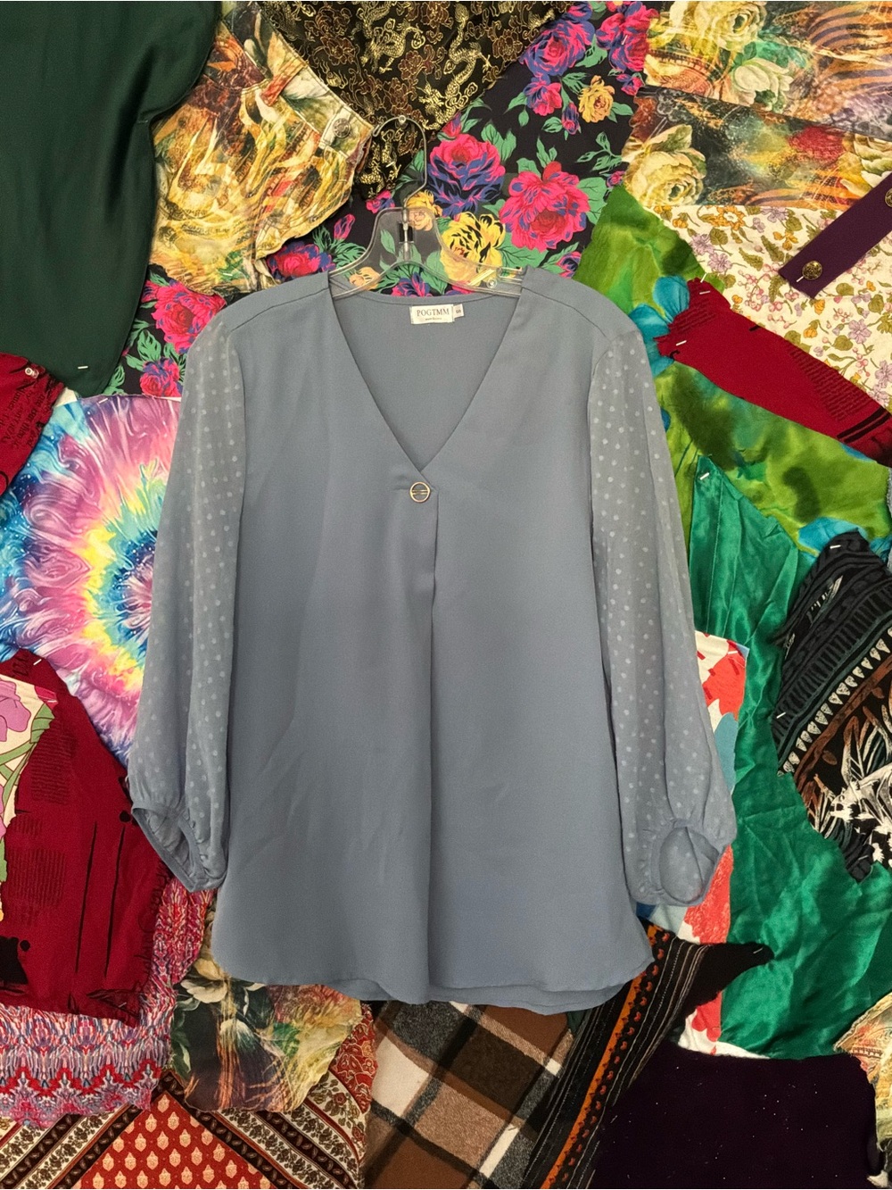 V-Neck Light Blue Blouse with Sheer Dot Sleeves